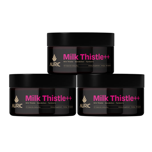 Auric Milk Thistle bottle with veggie capsules supports daily wellness.