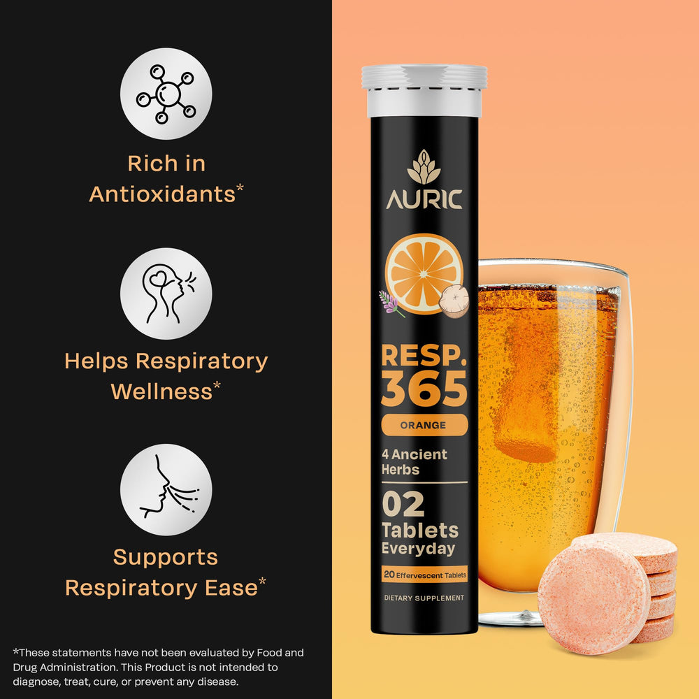 Auric Resp 365 bottle label front highlighting natural ingredients for daily wellness.