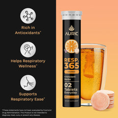 Auric Resp 365 bottle label front highlighting natural ingredients for daily wellness.