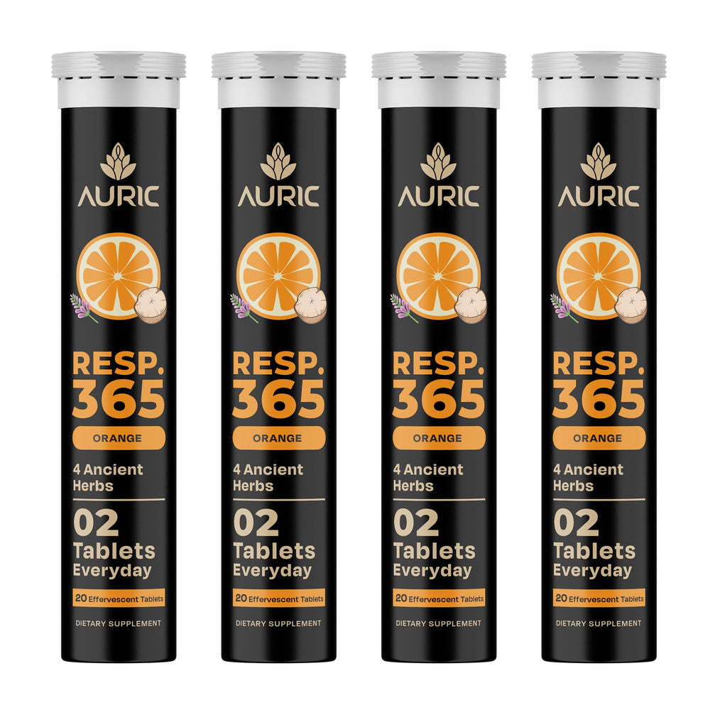 Auric Resp 365 tablets dissolving in water for a refreshing wellness drink.