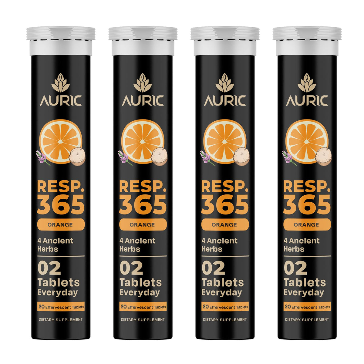 Auric Resp 365 tablets dissolving in water for a refreshing wellness drink.