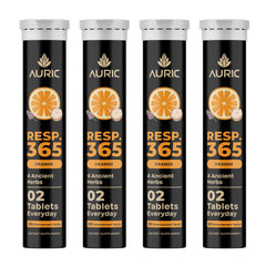 Auric Resp 365 tablets dissolving in water for a refreshing wellness drink.