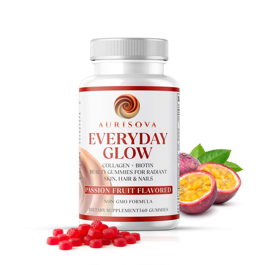 Aurisova Everyday Glow bottle front with gummies for hair and skin