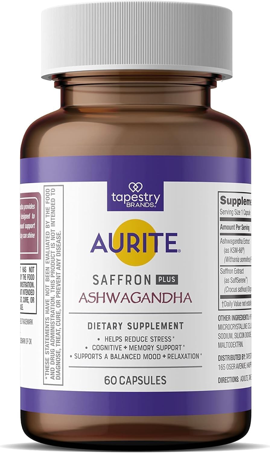 Aurite saffron-ashwagandha bottle displaying mood balance and calm focus.