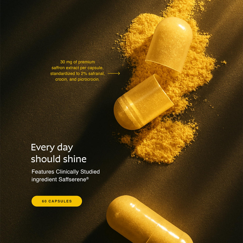 Aurite Saffron capsules close-up highlighting saffron strands and daily wellness focus