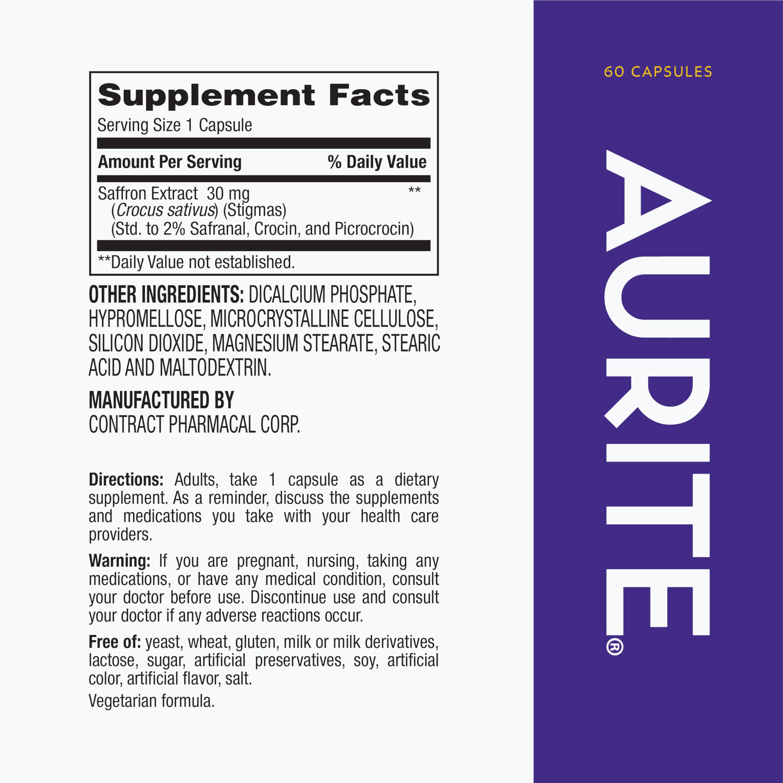 Aurite Saffron supplement bottle back showing ingredients and usage details