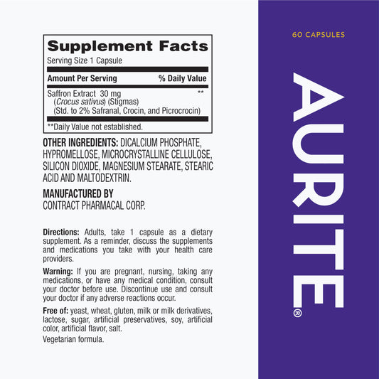 Aurite Saffron supplement bottle back showing ingredients and usage details