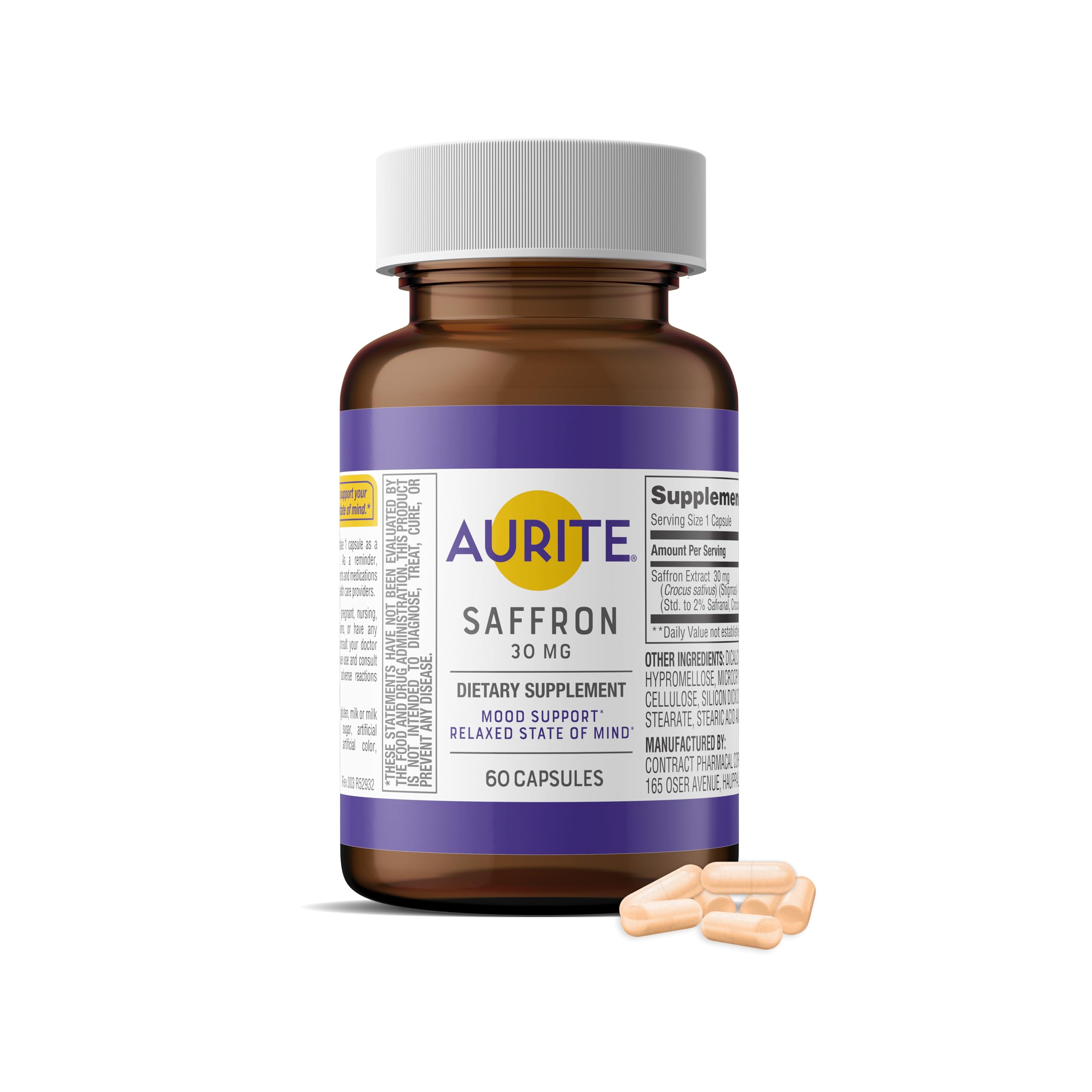 Aurite Saffron supplement bottle front highlighting mood support for daily calm