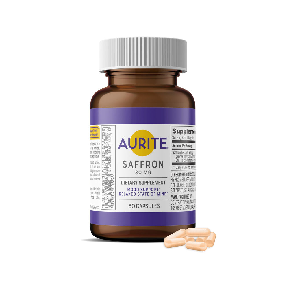 Aurite Saffron supplement bottle front highlighting mood support for daily calm
