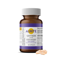 Aurite Saffron supplement bottle front highlighting mood support for daily calm
