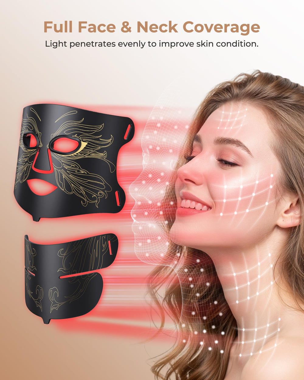 Aurphany full-face and neck coverage for unified phototherapy sessions