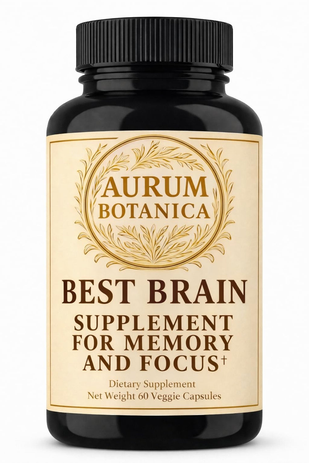 AURUM BOTANICA Best Brain Supplement bottle promotes quick focus without jitters.