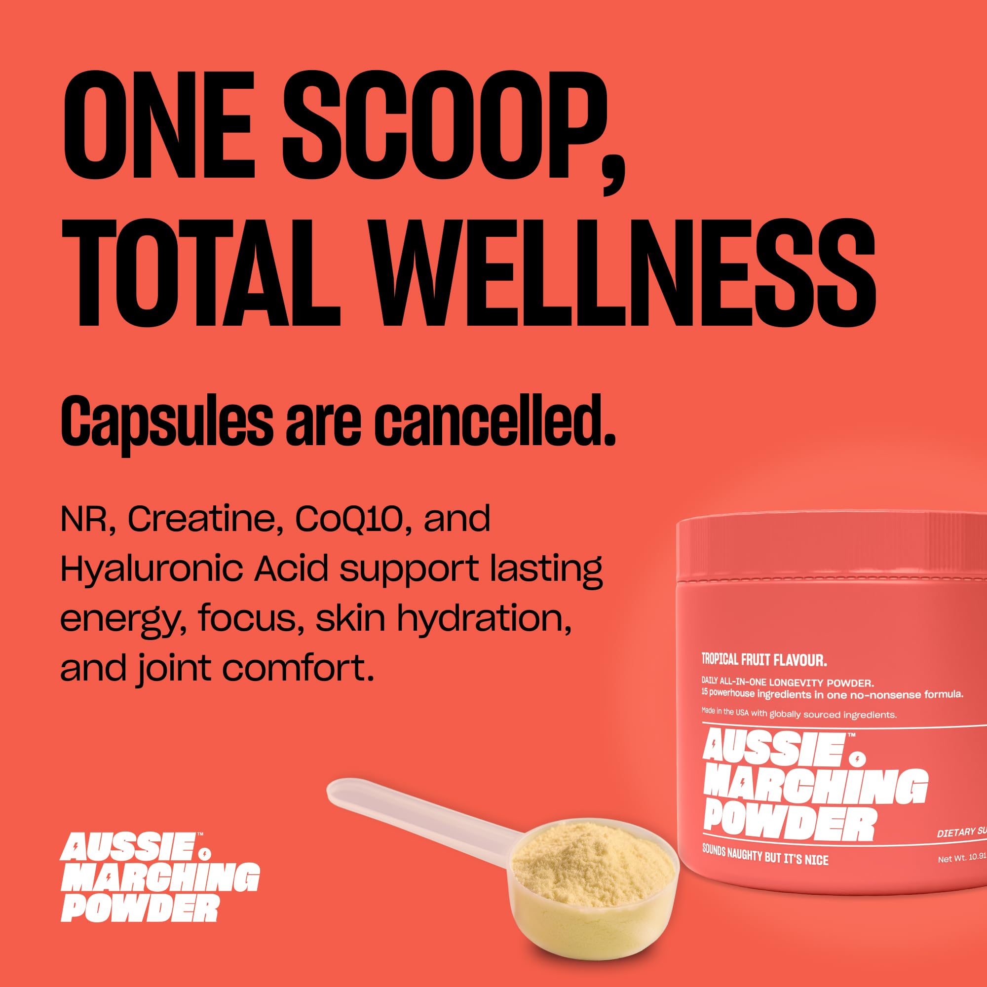 Glass with prepared drink featuring Aussie Marching Powder for energy and focus.