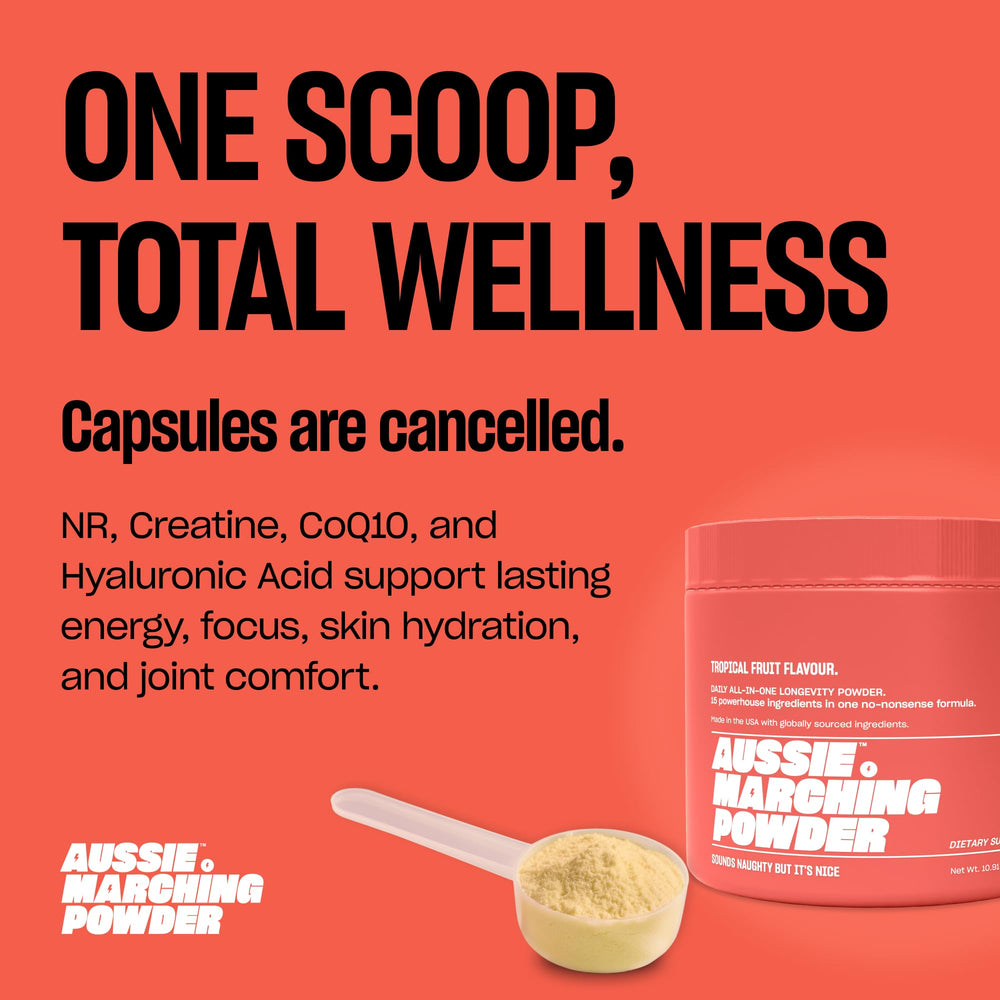 Glass with prepared drink featuring Aussie Marching Powder for energy and focus.