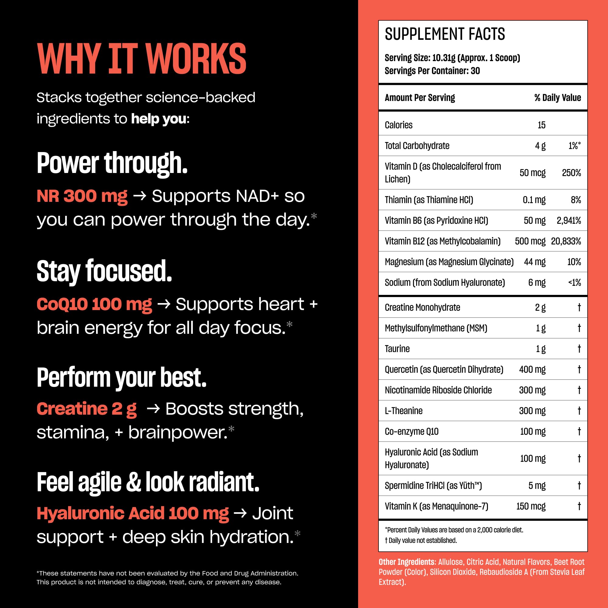 Bottle label highlights NR and CoQ10 ingredients for longevity support.