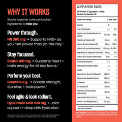Bottle label highlights NR and CoQ10 ingredients for longevity support.