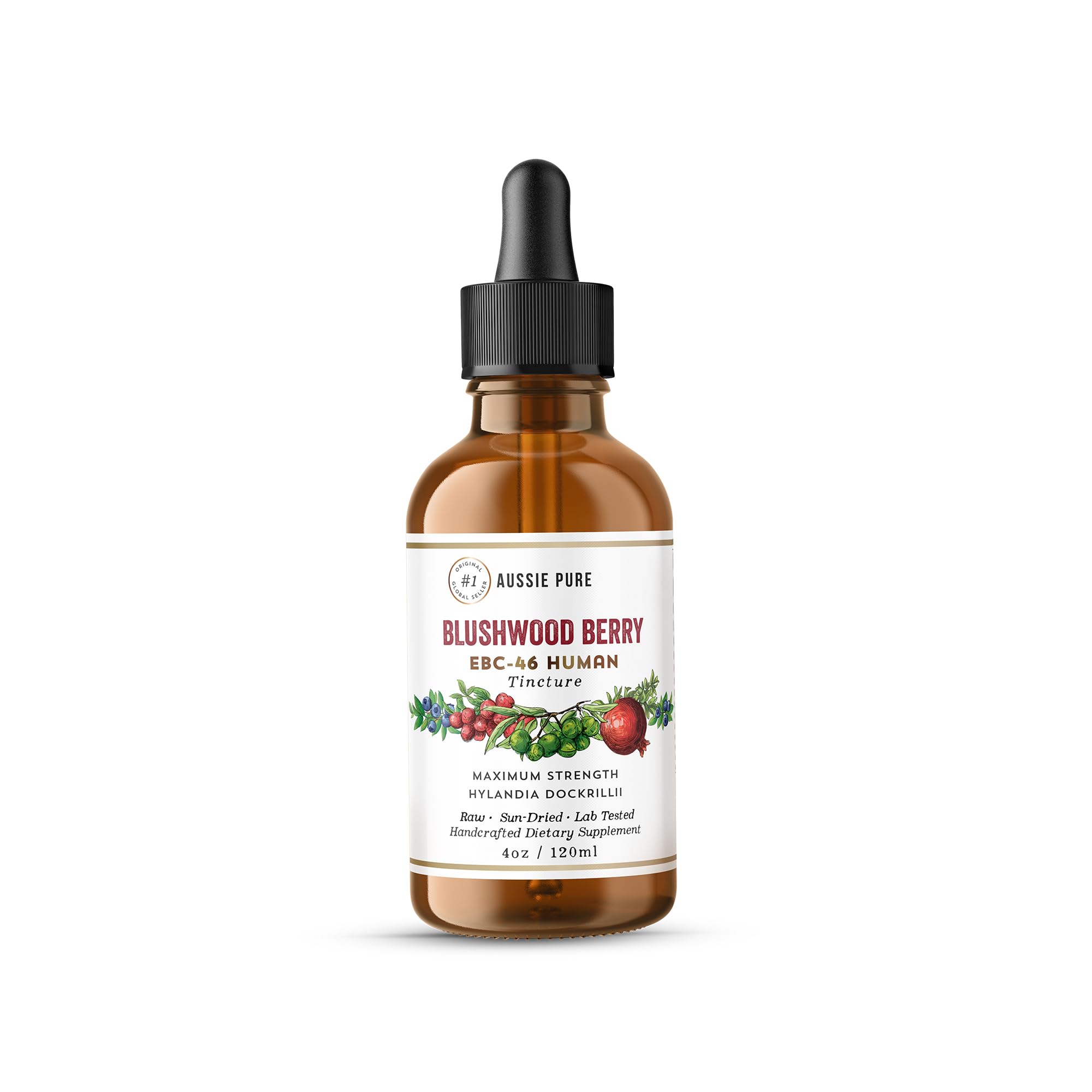 Aussie Pure Blushwood Berry EBC-46 tincture bottle highlights immune support and natural antioxidants.