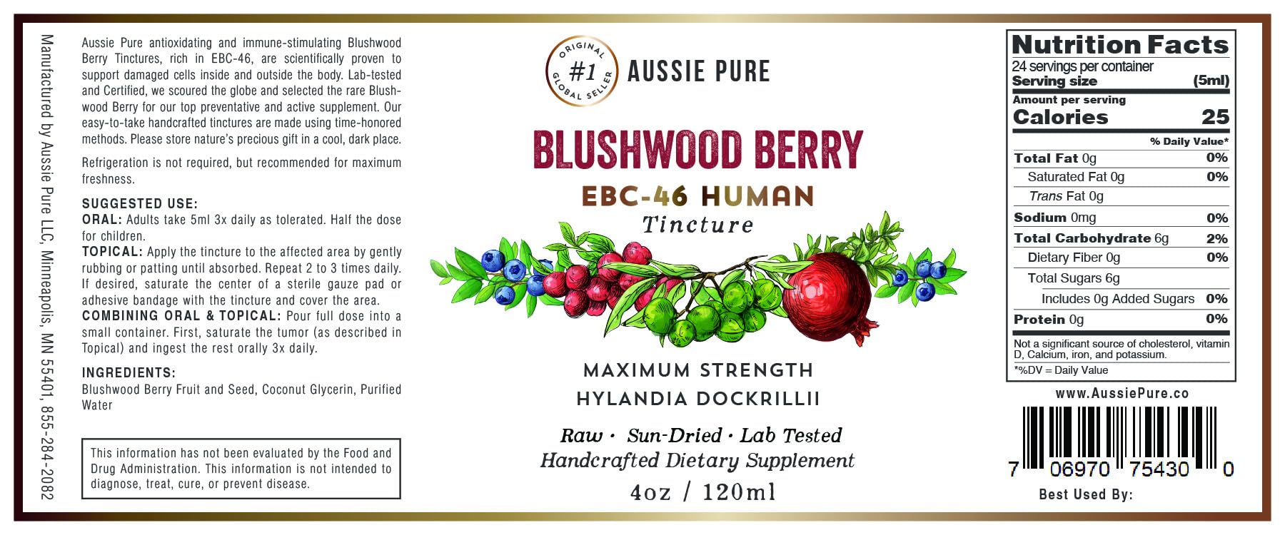 Aussie Pure Blushwood Berry EBC-46 label close-up highlighting natural extract details