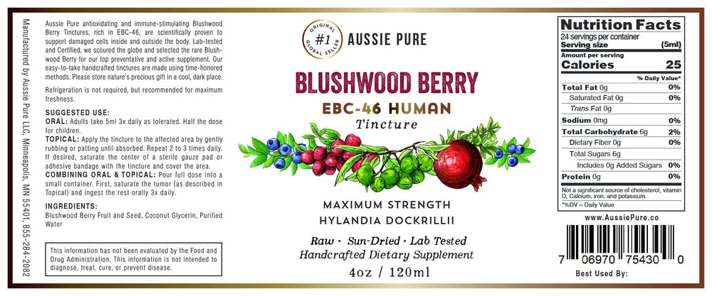 Aussie Pure Blushwood Berry EBC-46 label close-up highlighting natural extract details