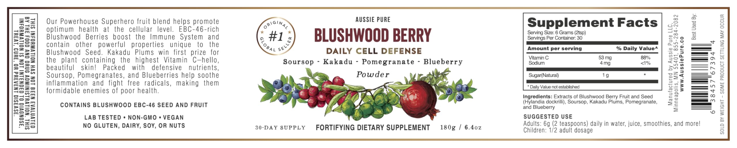 Aussie Pure Blushwood Berry label detail with EBC-46 note.