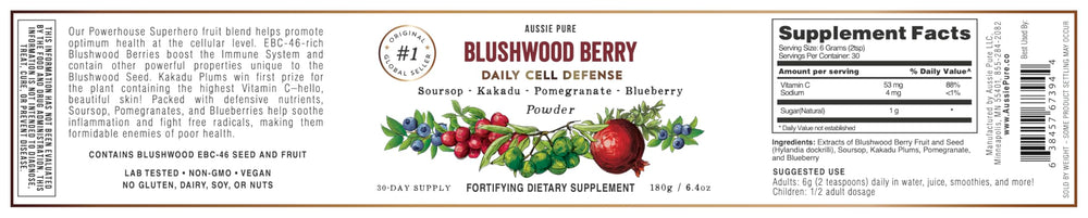 Aussie Pure Blushwood Berry label detail with EBC-46 note.