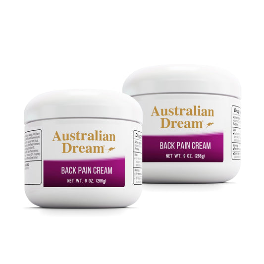Australian Dream back pain cream jar 2-pack providing soothing, non-greasy relief.