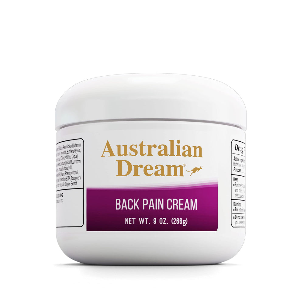 Australian Dream back-pain-cream-jar shows a soothing, fast-absorbing formula for comfort.