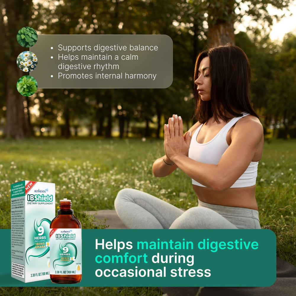 Authenta IBShield bottle back label explains usage and natural ingredients