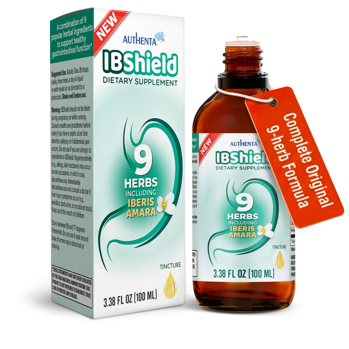 Authenta IBShield tincture bottle front view signaling digestive support and routine balance