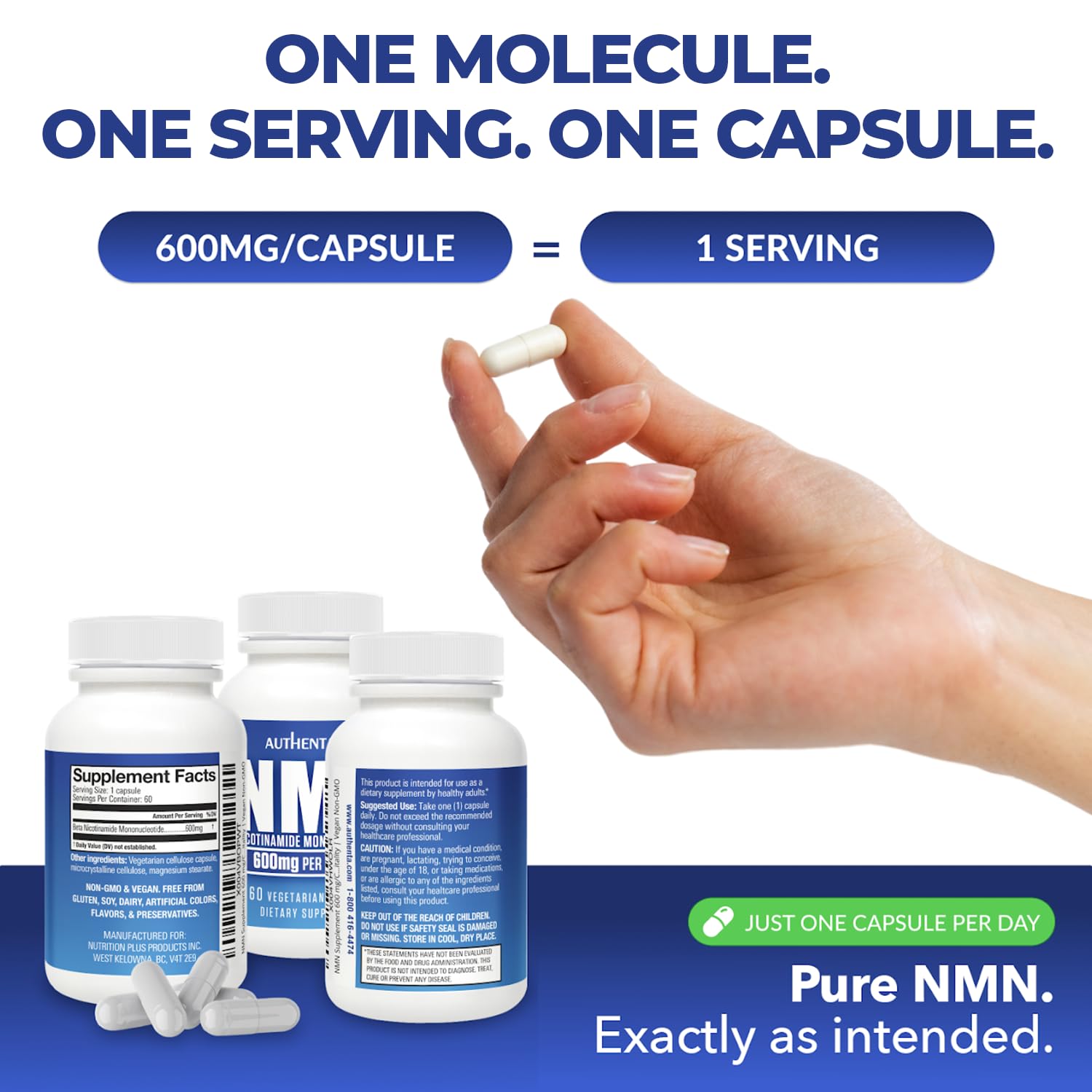 AUTHENTA NMN capsule close-up highlights 600 mg per capsule.
