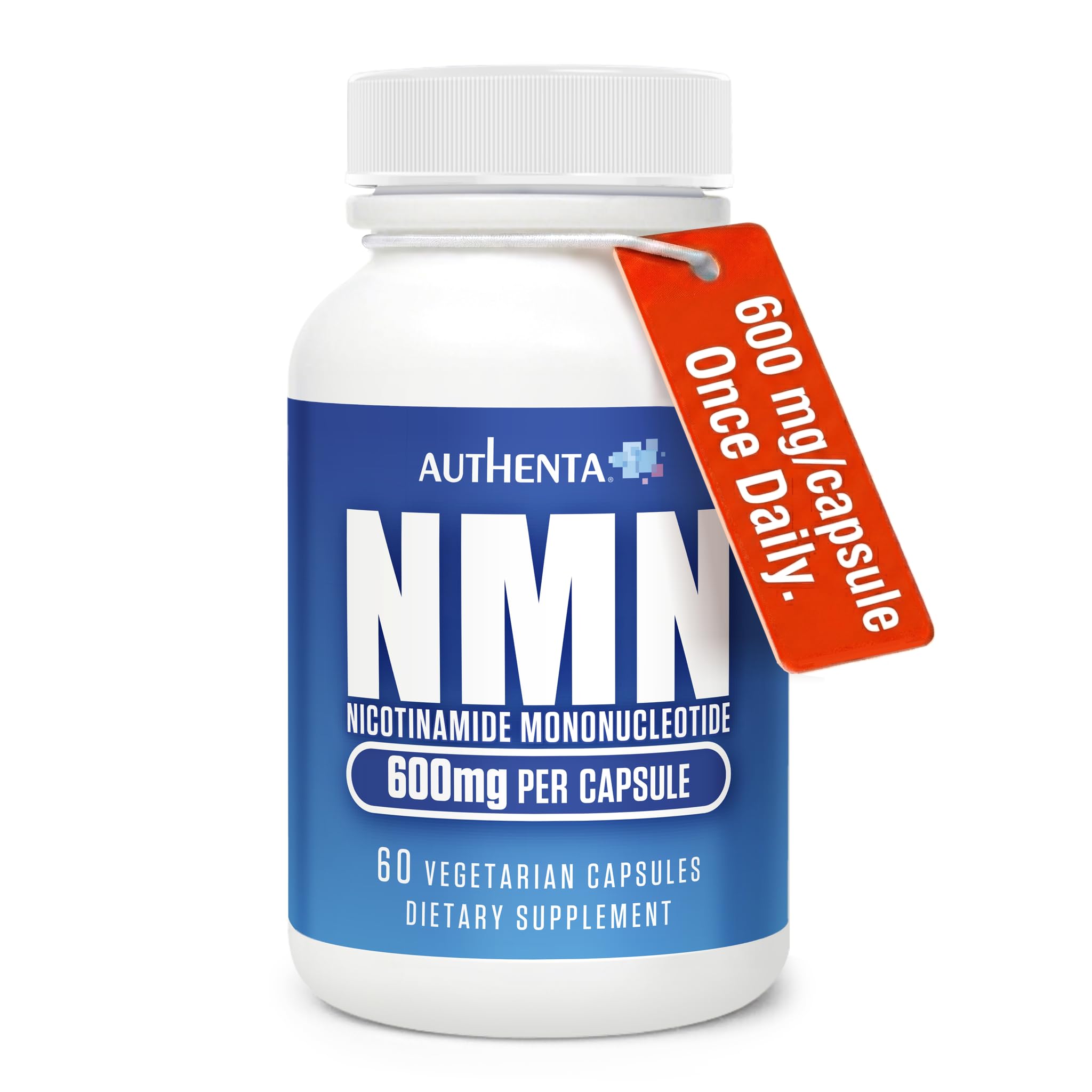 AUTHENTA NMN supplement bottle with daily serving visuals for energy support.
