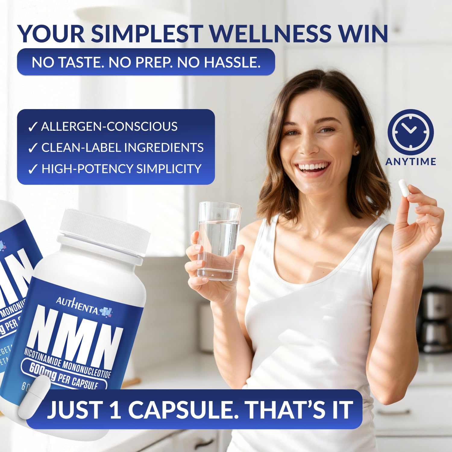 AUTHENTA NMN vegan capsule highlighted as allergy-friendly option.