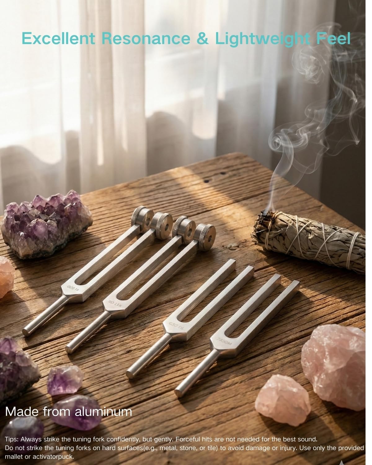 Autzom tuning forks arranged for portable stress relief practice.
