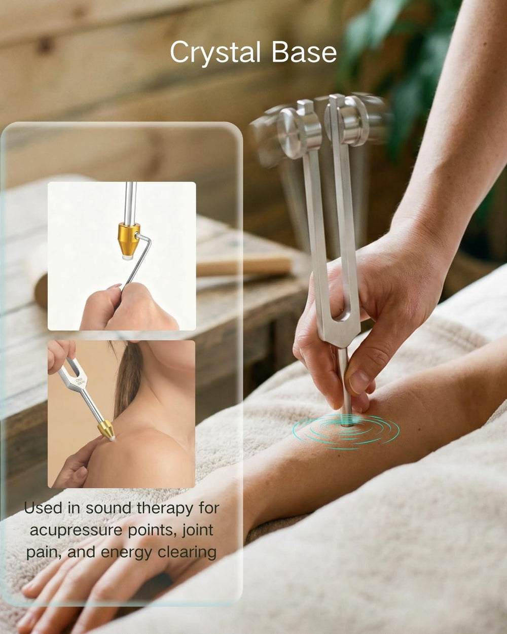 Autzom tuning forks with wooden mallet for precise chakra balancing sessions.