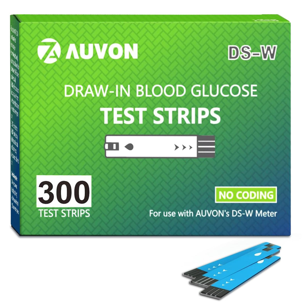 AUVON DS-W test strips in a 300-count bottle for consistent testing.