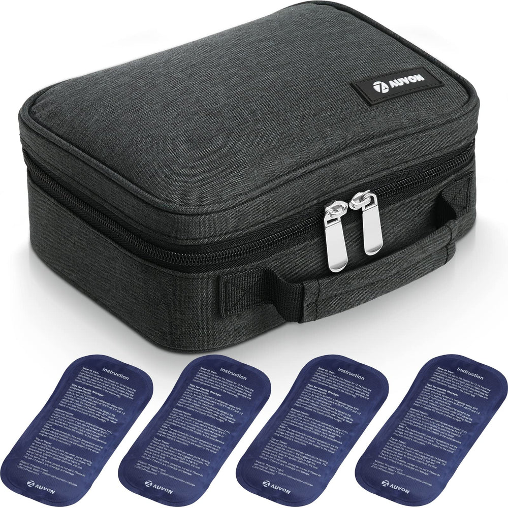 AUVON insulin cooler travel case with four 160g ice packs maintains cold conditions during travel