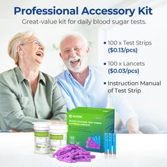 AUVON kit packaging includes 100 strips and lancets.