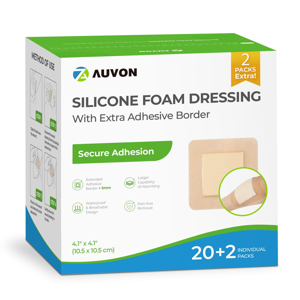AUVON 4x4 silicone foam dressing close-up with large border for secure adhesion