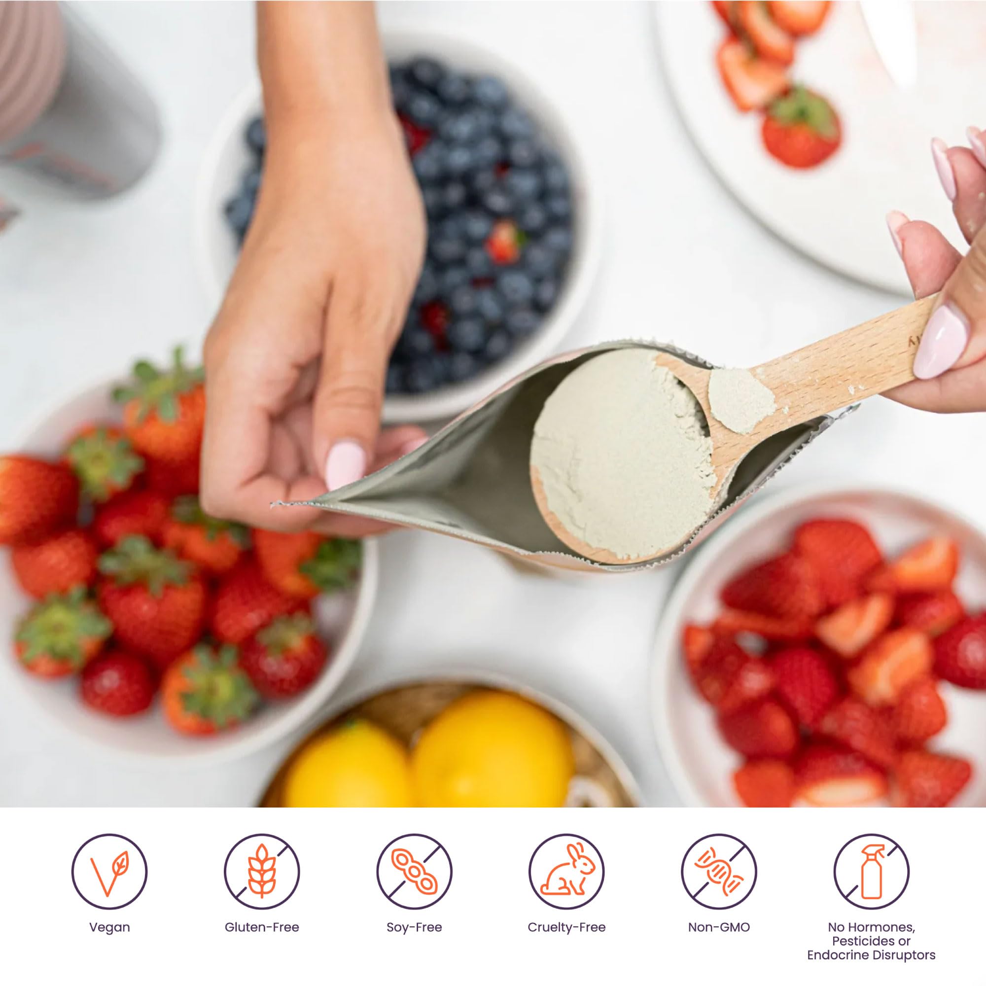 Avaia shake-mixing scene shows convenient blending with water or plant-based milks.