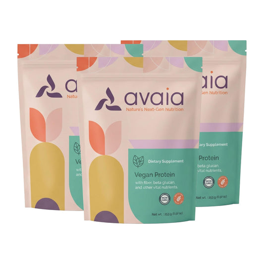 Avaia precision-fermented protein tub with front label visible for quick daily shakes.