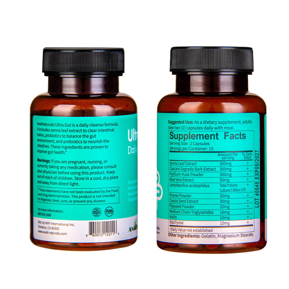 AvailNaturals Ultra Gut Daily Cleanse capsules close-up showing probiotic blend for gut balance