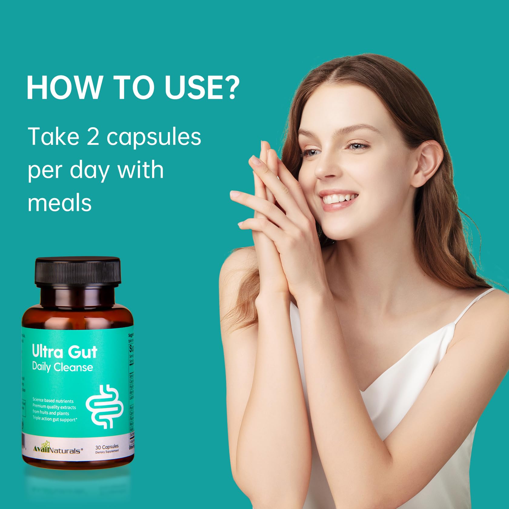 AvailNaturals Ultra Gut Daily Cleanse ingredients on packaging, highlighting fiber and herbal extracts