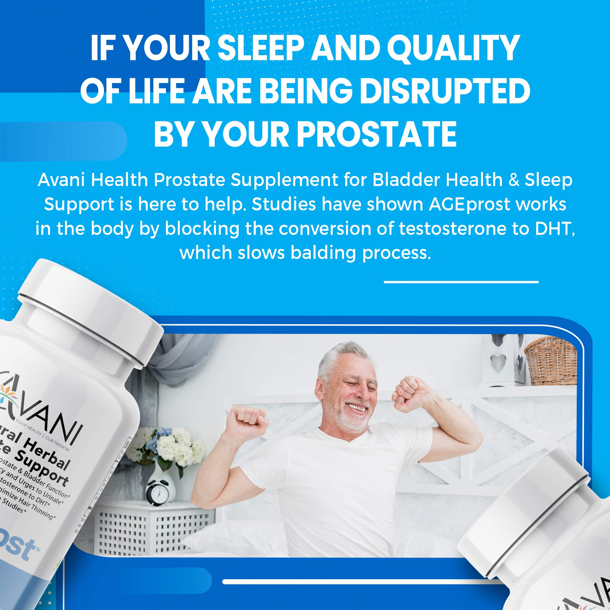 Avani Health AGEprost on a nightstand hints at sleep support potential.