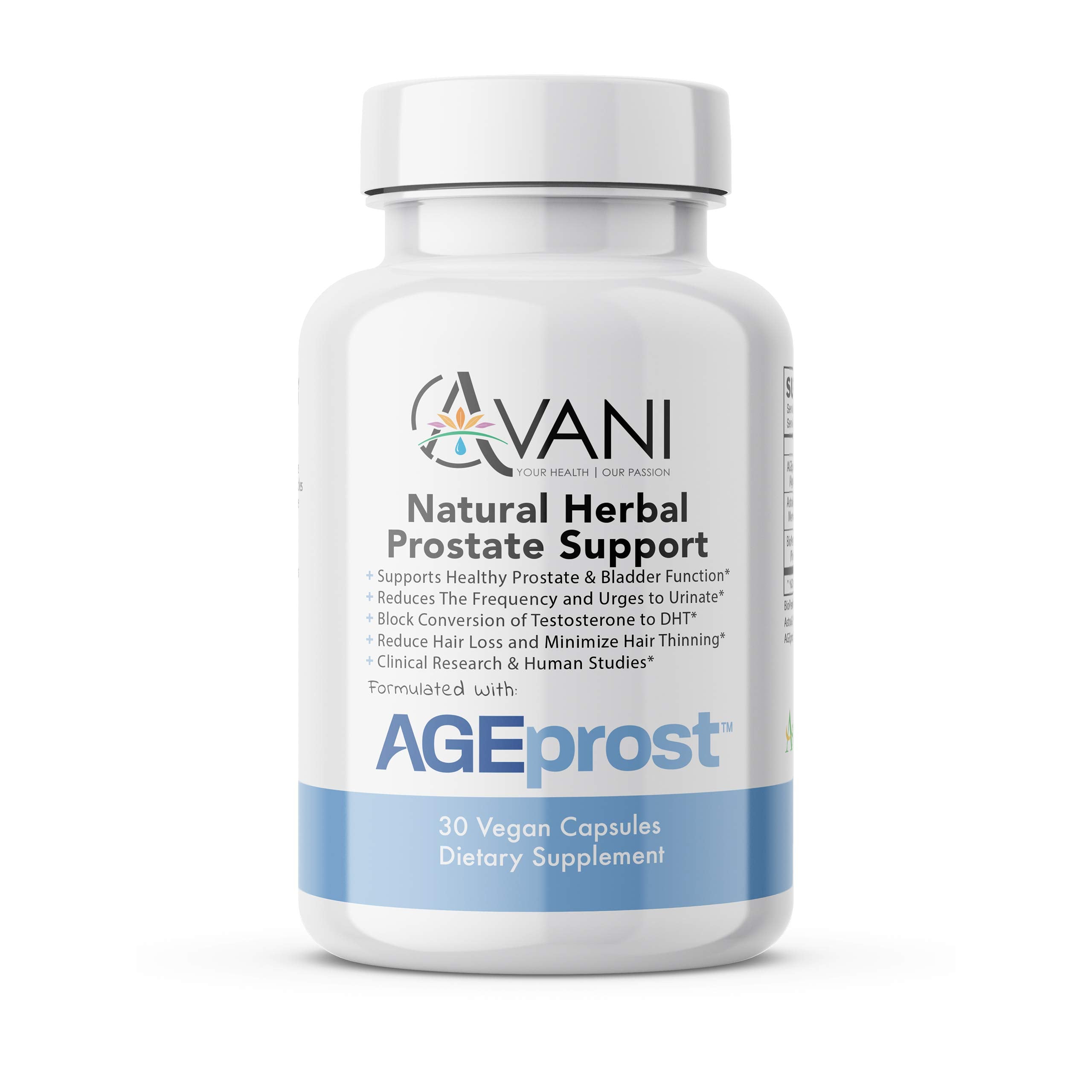 Avani Health AGEprost bottle front view highlights natural prostate support.