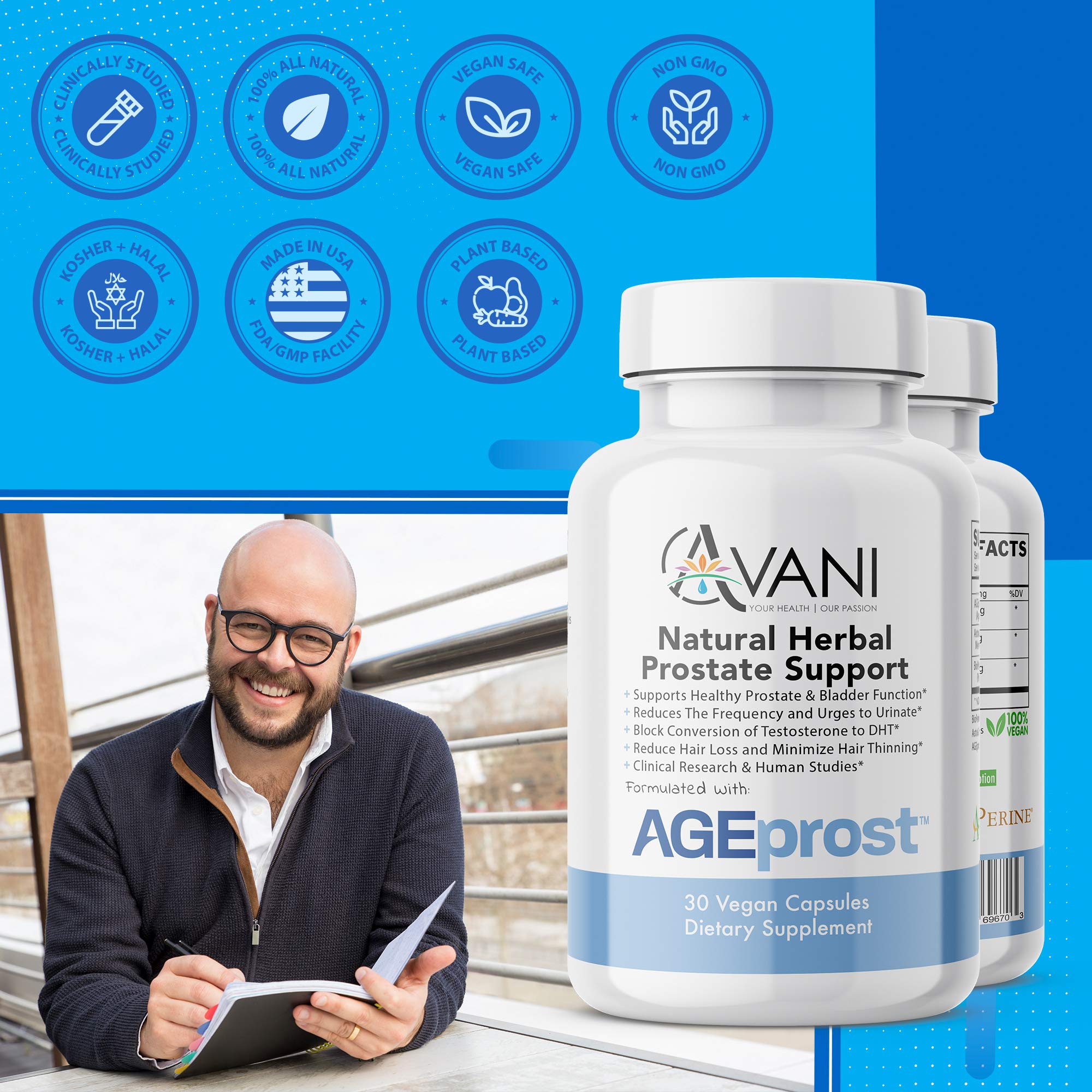 Avani Health AGEprost capsules close-up for convenient daily intake.