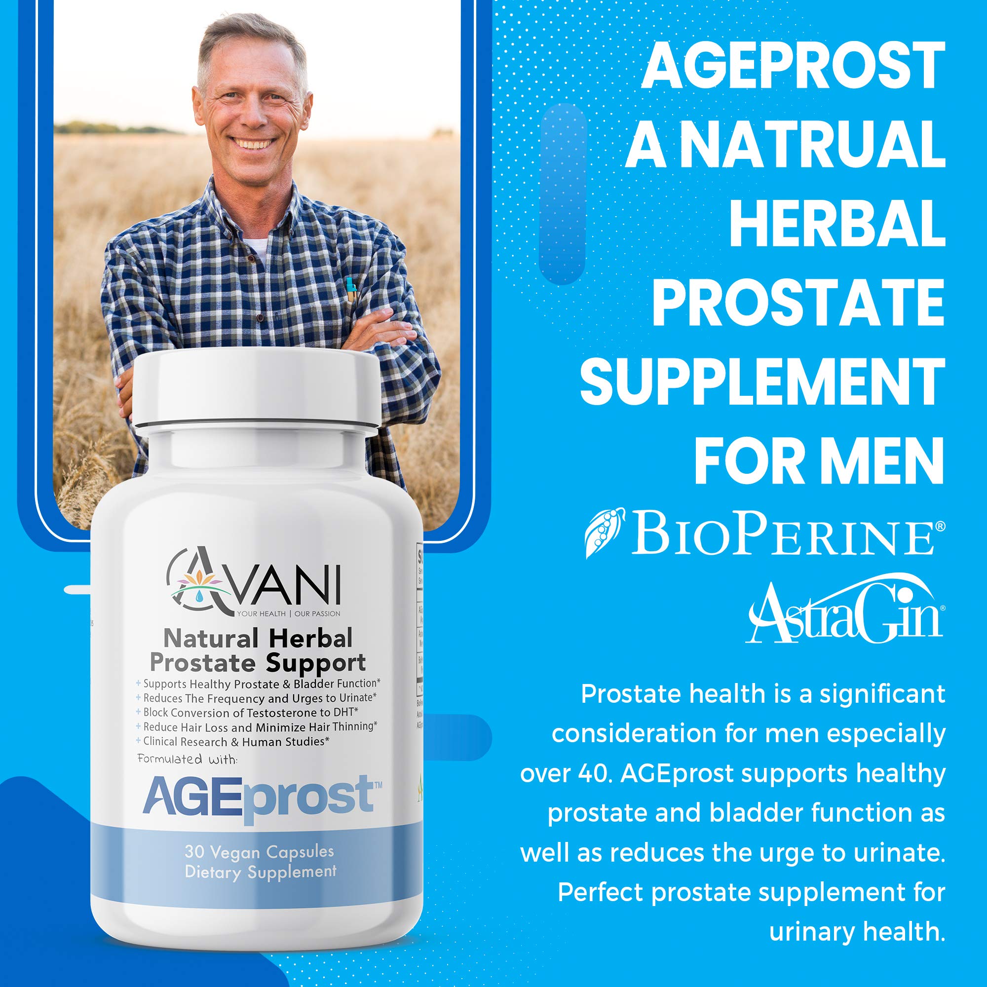 Avani Health AGEprost pills with glass suggests simple nightly use.