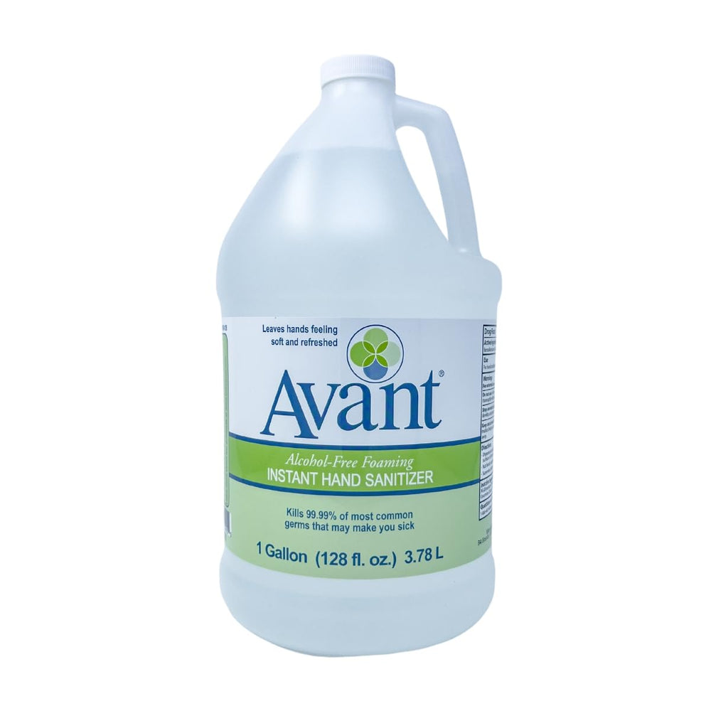 Avant alcohol-free foaming hand sanitizer refill bottle, convenient one-gallon size for bulk refills.