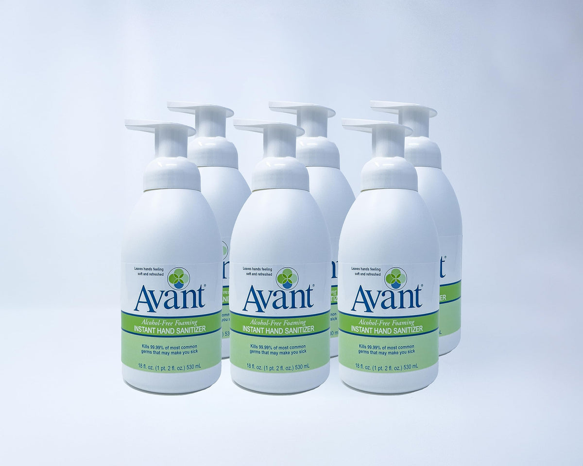 Avant alcohol-free foaming sanitizer bottle shows quick protection for hands.