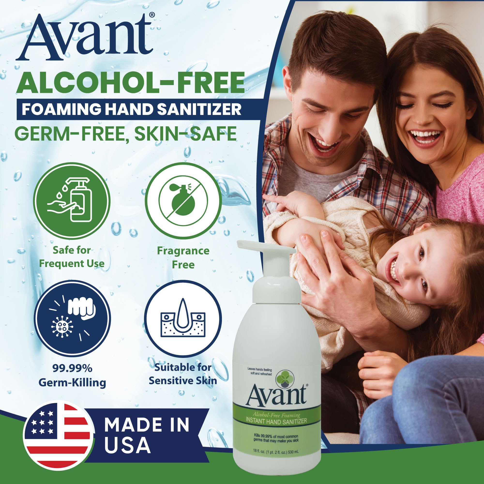 Avant foaming sanitizer foam closeup shows rich coverage on palms.