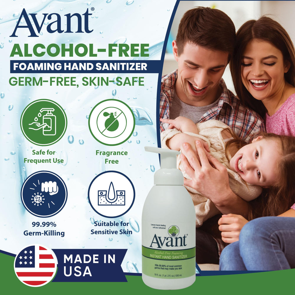 Avant foaming sanitizer foam closeup shows rich coverage on palms.